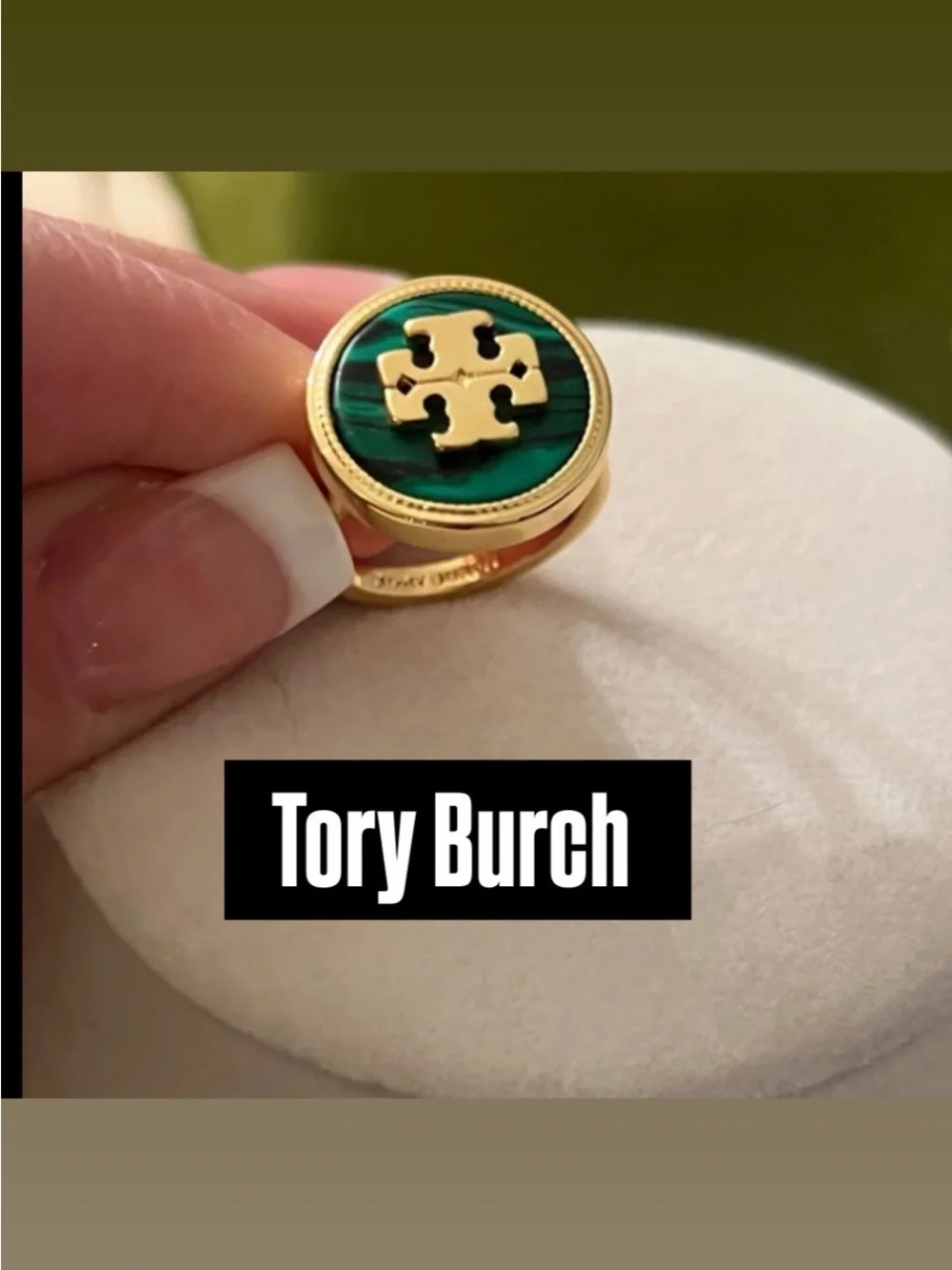 Tory Burch Gold-Tone Ring Malachite Semiprecious Stone Logo Sz 8